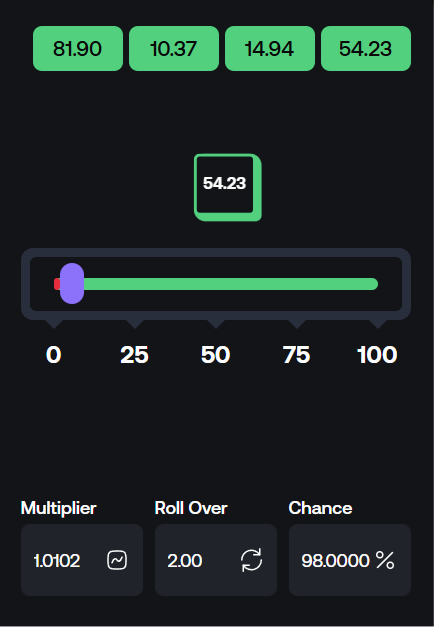 Shuffle Dice with the slider at the far left, showing Multiplier 1.0102, Roll Over 2.00, Chance 98.0000%, October 2026