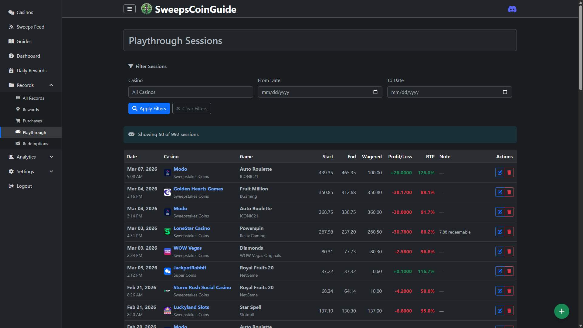 Playthrough session tracking